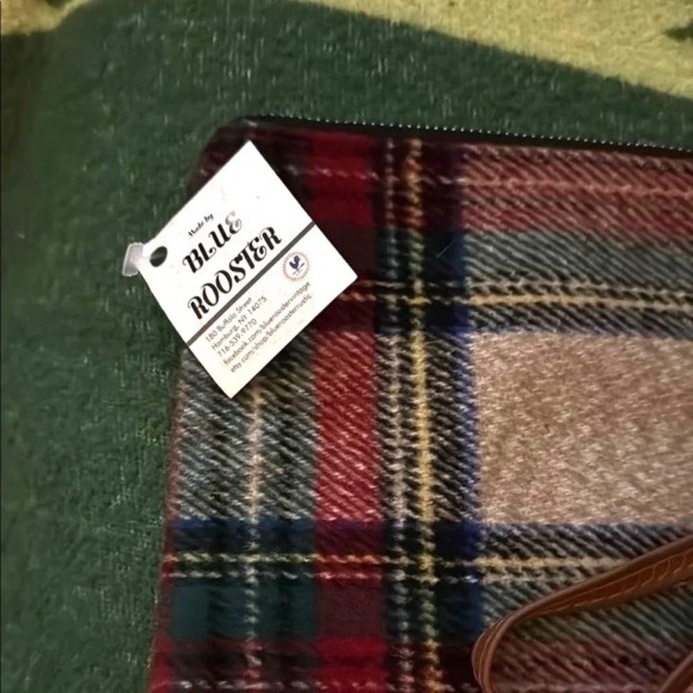 Blue Rooster Plaid Wool Blend Wristlet‎ Pouch Bag Clutch NWT